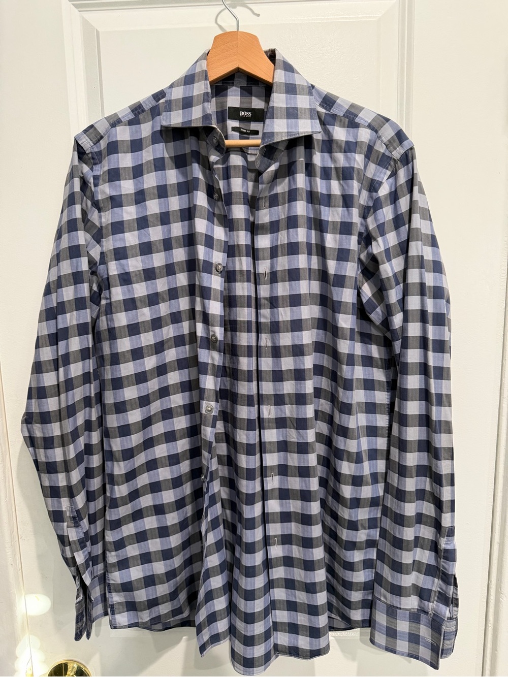 Hugo Boss Navy and Light Blue Check Button-Down Shirt